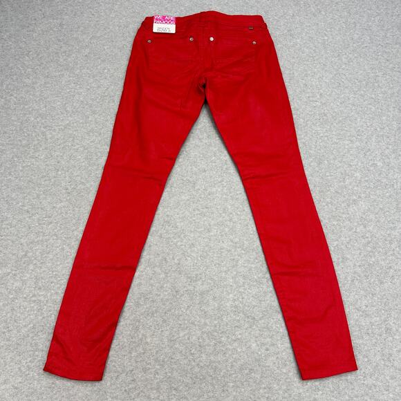 Almost Famous Coated Skinny Jeans Sz 3 Red Low-Rise Stretch Sheen Y2K Glam Denim - Picture 4 of 12